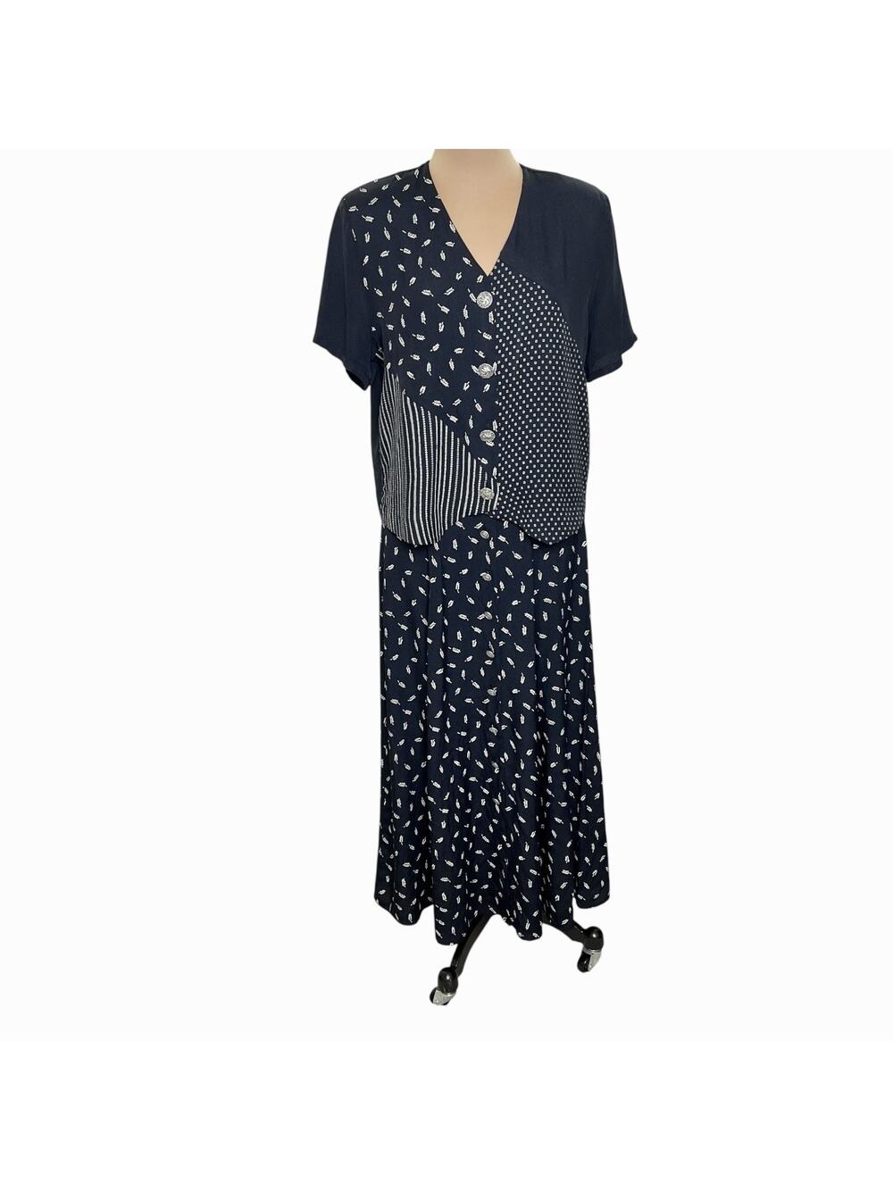 Jaclyn T San Francisco 2 Piece Skirt Set Women Top L Skirt M Navy Blue White Vtg